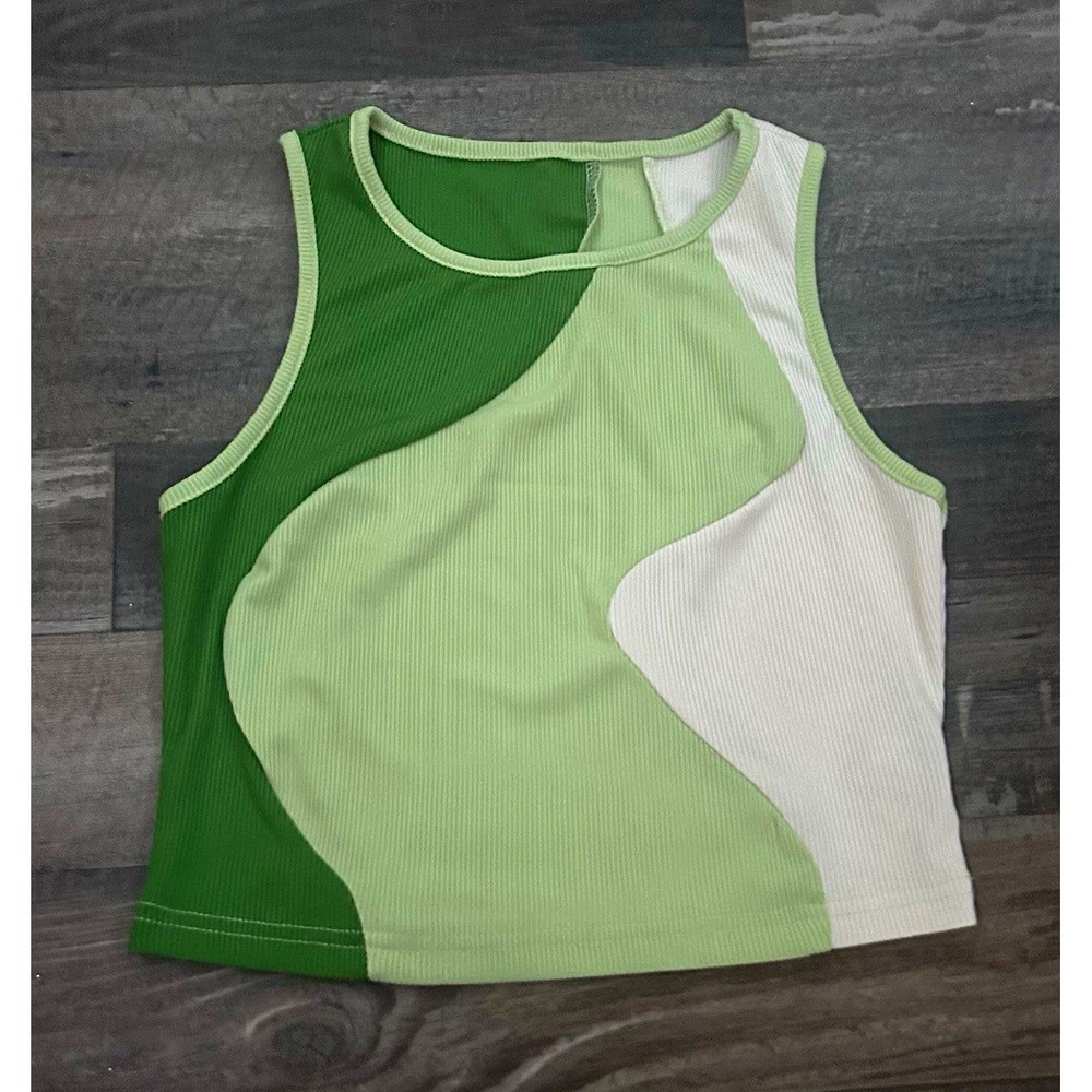 SHEIN Green White Colorblock Cut-Out Knit Stretch Cropped Tank Top Women S
